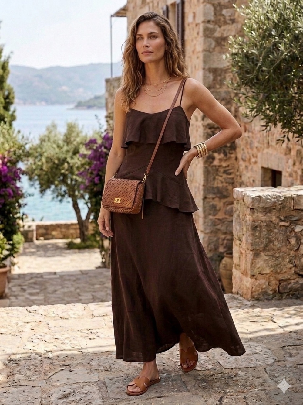 Massimo Dutti Brown Tiered Ruffle Maxi Dress NWT Size 4 Casual Luxury Silk Feel
